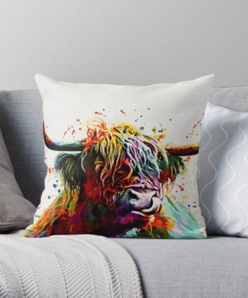 Animal pillow - Animal merch - Animal apparel - Highland Cow Watercolor Art Work  Throw Pillow