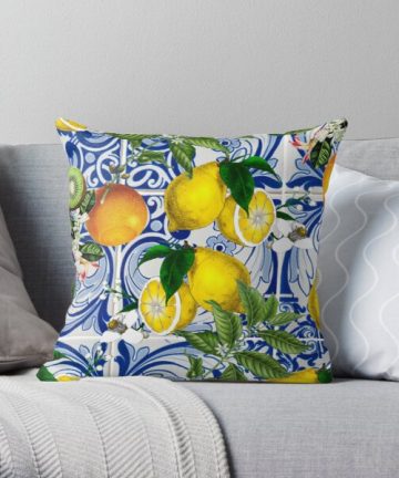 Patterns merch - Patterns apparel - Mediterranean Lemon on Blue Ceramic Tiles Throw Pillow