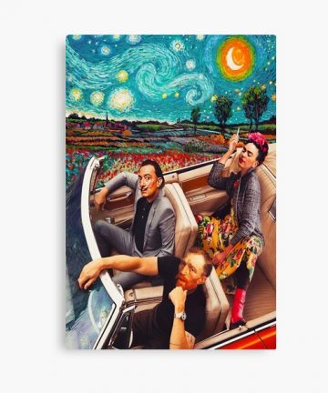 Salvador Dali And Vincent Van Gogh And Frida Kahlo In Car Starry Night Canvas Print merch - Salvador Dali And Vincent Van Gogh And Frida Kahlo In Car Starry Night Canvas Print apparel