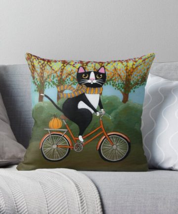 Autumn Cat on a Bicycle pillow - Autumn Cat on a Bicycle merch - Autumn Cat on a Bicycle apparel